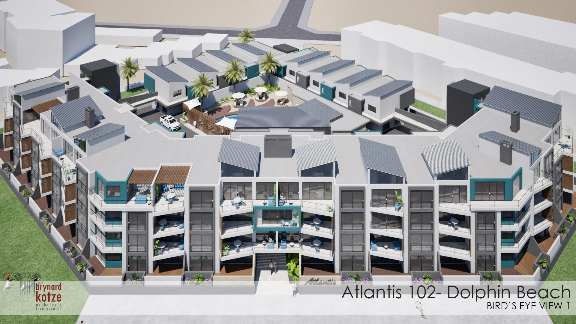 Bird’s-eye architectural rendering of the Atlantis 102 residences and central courtyard