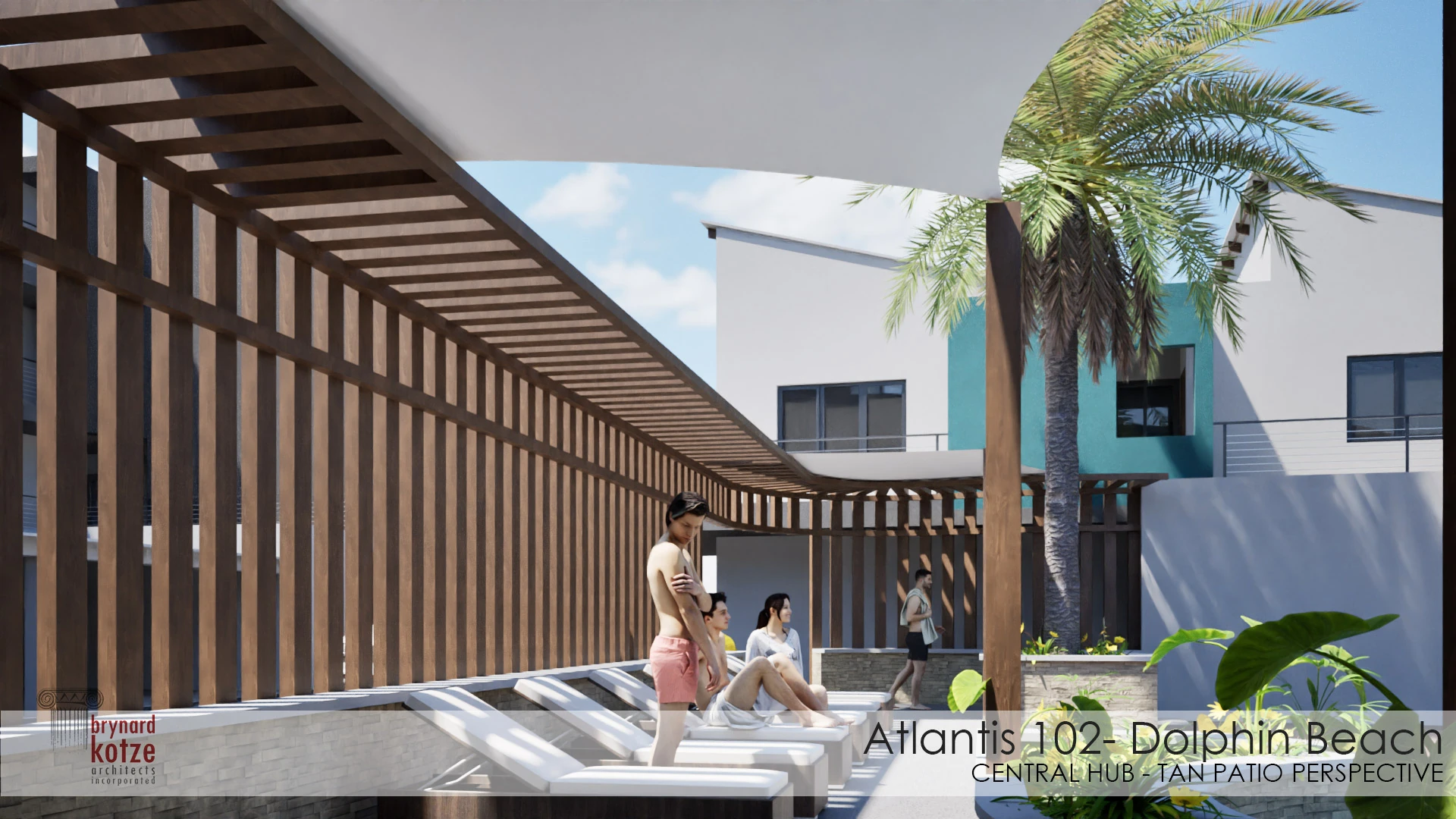 Sheltered seating beside the Atlantis courtyard pool