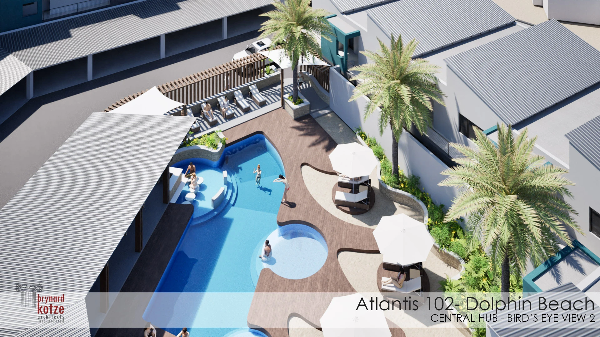 Aerial view of the Atlantis courtyard swimming pool